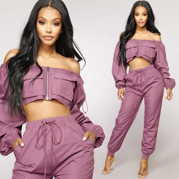 Autumn Women Two Piece Set Long Sleeve Crop Top Pullover Top and Jogging Pants Set Purple 2 Piece 2018 Fashion Outfits Women