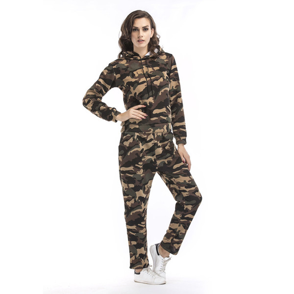 Spring And Autumn New Plus Velvet Camouflage Sports Suit Women's Casual Hooded Sweater Trousers Two-piece jooyoo