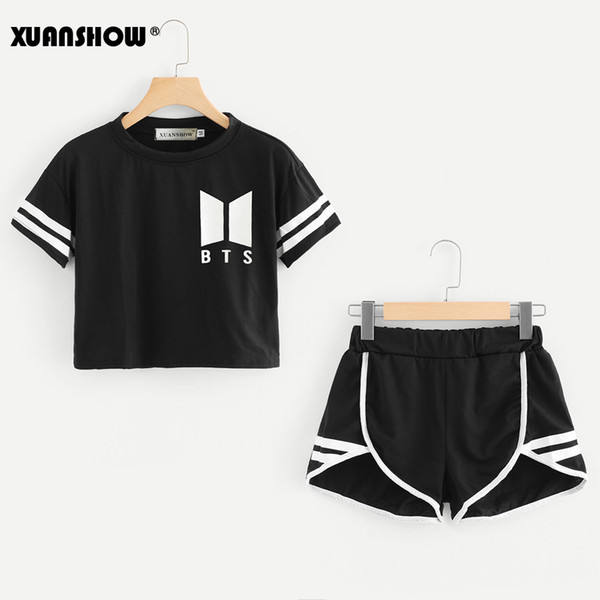 XUANSHOW 2019 Summer Cotton Striped Women's Tracksuit BTS 2 Piece Woman Suits Shorts Crop Tops + Shorts Pants Female Outfit