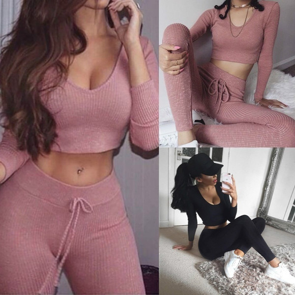 Women crop tops two piece set Fashion pink Bodycon Suits Sexy V-neck Long Sleeve Top + Bodycon Pants Sets CL237