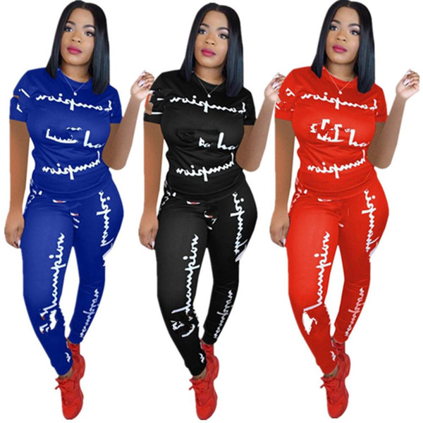 Women Champions Letter Tracksuit Short Sleeve T shirt + Pants Leggings 2PCS Set Summer Designer T-shirt Outfit CHAMP Sportswear Suit Clothes