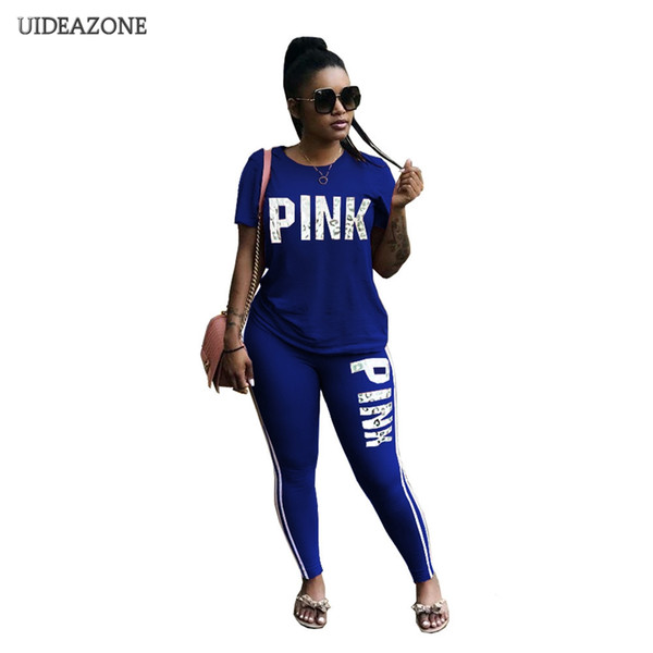 Women Pink Letter Printed Sexy Casual 2 Piece Set Plus Size Tops Skinny Pants Sweatsuits Two Piece Tracksuit Streetwear S-3XL