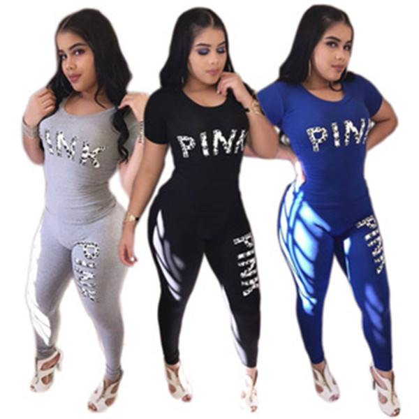 Two Piece Set Sweatsuits Fashion Summer Outfit Pink Letter Print Crop Tops+Pants Sweat Suit Casual 2 Piece Tracksuit Women