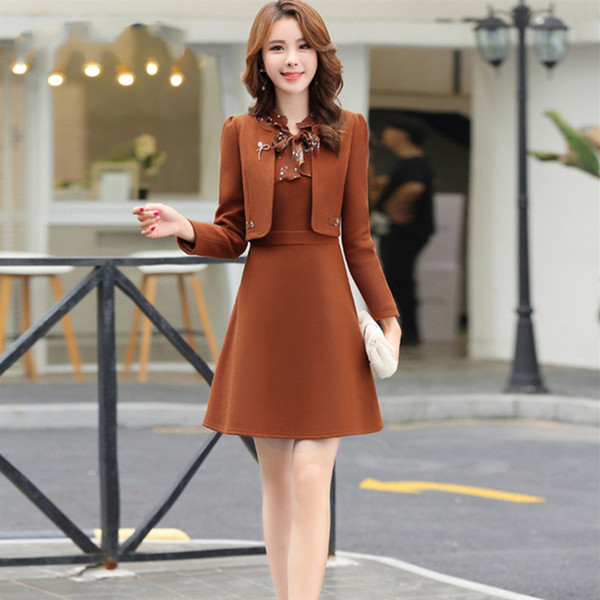 Women's Dress Suit Wool Jacket Coat Winter Autumn Winter Slim Dress Coat Two Pieces Set Casual Female Outwear