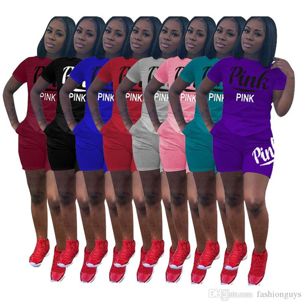 Pink Letter Set Women's Love Pink Sports Tracksuit Casual Short sleeves Tee with Shorts two pieces Sport Suit Lady Outfits Yoga Gym Wea