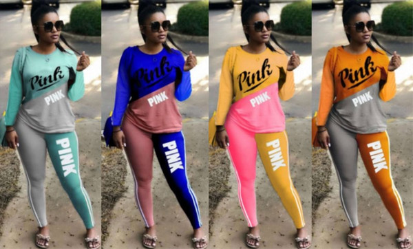 PINK Women sportswear long sleeve outfits 2 piece set tracksuit jogging sportsuit hoodie legging outfits sweatshit tight sport suit klw0394