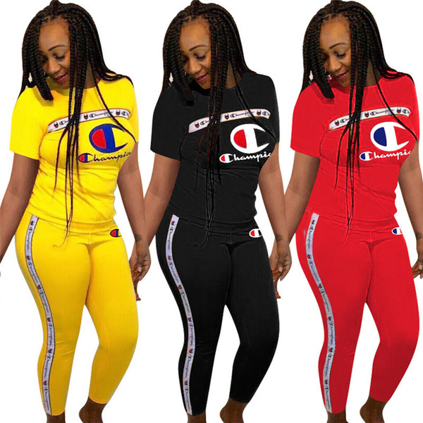 Women Champions Letter Tracksuit Short Sleeve T-shirt Tops + Pants Leggings 2 piece set CHAMPI T Shirt Outfit Jogger Sportswear Clothes S-3X