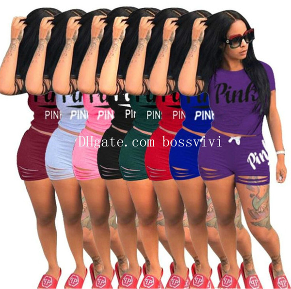 PINK Women Tracksuits letter 2 Piece Outfits Clothing Short Casual Sleeve Set Sexy Female Jogging Sport Suit Sweatshit Tights Sport Suit