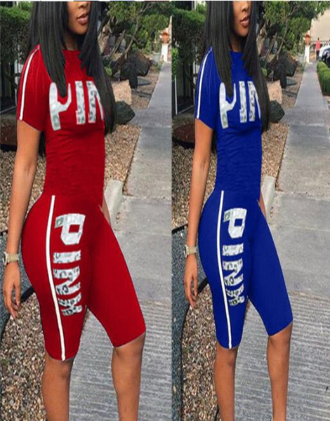 Fashion Pink Letter Clothes Women Tracksuit Sports Suits Shirts + Pants T Shirts Shorts Sets Yoga Gym Tracksuit 2pcs set Summer