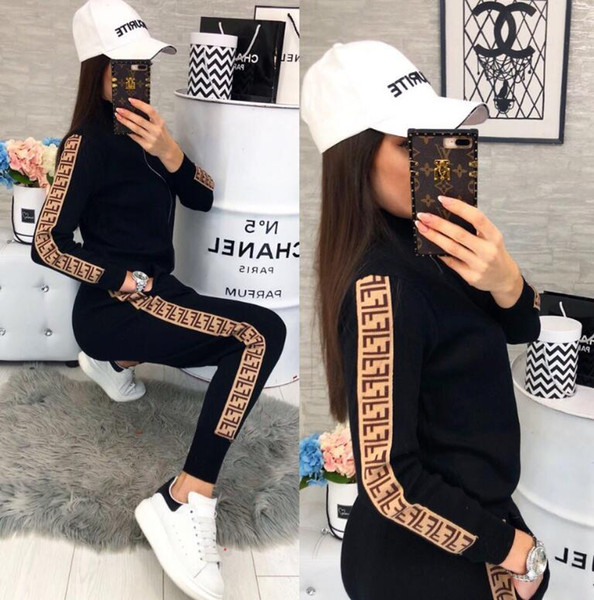 free shopping Womens Casual Fashion Autumn Spring Long Sleeved Two-piece Jogger Set Ladies Fall Tracksuit Sweat Suits Black Plus Size S-2XL