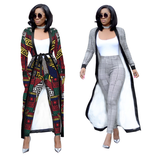 2018 Autumn Winter 2 Piece Set Women Trench Coat High Waist Pants Matching Belt OL Plus Size Pocket Two Piece Outfits for Women