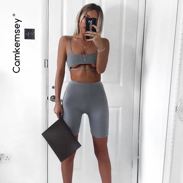 Summer Women Sexy Suits 2 Piece Sets Clothing Sleeveless Strapless Hollow Out Camis Fitness Skinny Shorts Tracksuits