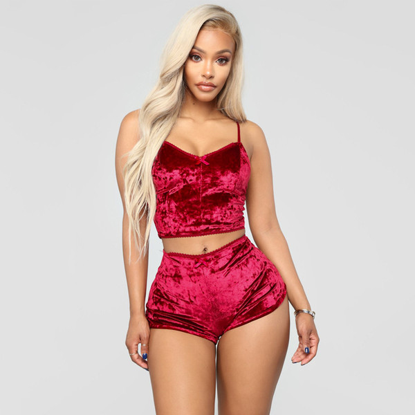 2018 Autumn Two Piece Velvet Set Outfits Women Tracksuit Sexy V Neck Spaghetti Straps Crop Top + Shorts Night Club Suits