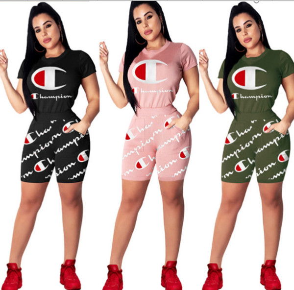 Champions Letter Short Tracksuit Fashion Champ Women Summer Clothing suit Printed T-shirt +Shorts 2 Piece set Casual Outfits Gym Suit A3197