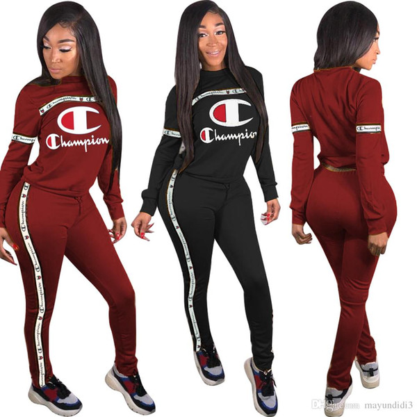 2019 Women Champions Letter Print Tracksuit Long Sleeve hoodies Top + Pants Leggings 2PCS Set Jogger Outfit CHAMPI Sportswear Clothes Suit