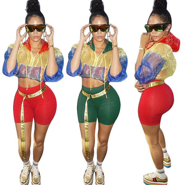 women shorts 2 piece set sheer long sleeve crop top hoodies short pant tracksuit panelled beachwear bodycon sexy sportswear plus size 3XL 01