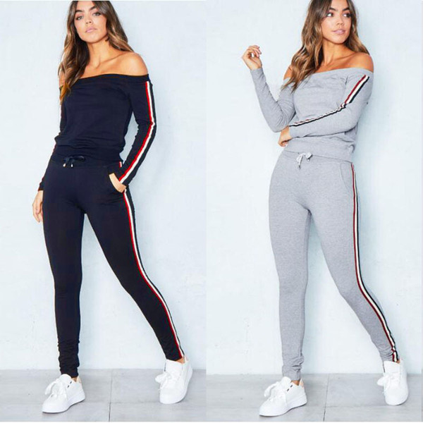 Long Sleeve Womens Tracksuits Off the Shoulder Fashion Pullovers and Panties Set Gray Sportswear Plus size T shirt for Ladies