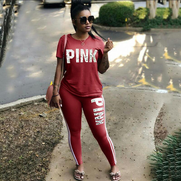 Women Pink Letter Printed Sexy Casual 2 Piece Set Plus Size Tops Skinny Pants Sweatsuits Two Piece Tracksuit Streetwear S-3XL