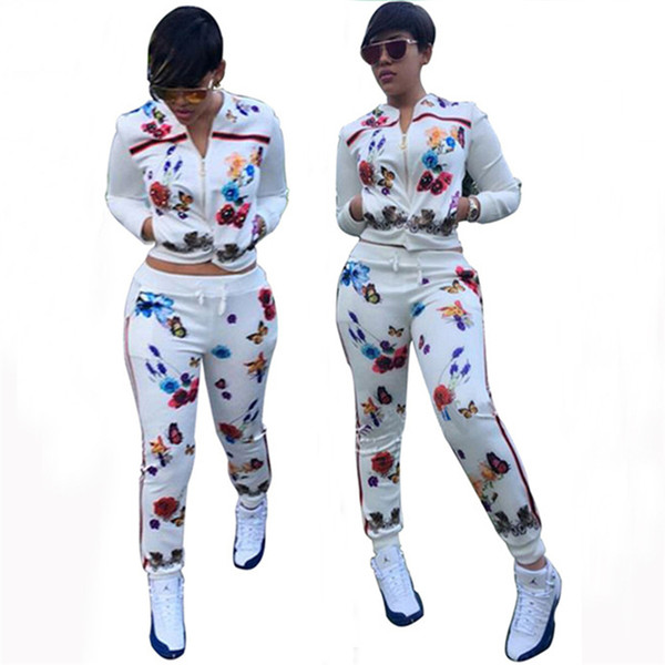 Women's Sets Sweat Suit Butterfly Printing 2 Pieces Set Long Sleeve Sporting Suits Crop Top+Sweatpants Women Tracksuits Clothing