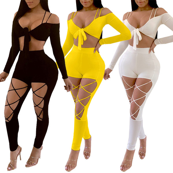 Nightclub Party 2 Piece Sets Women 2018 Summer Outfits Bow Tie Crop Top and Hollow Out Pant Set Sexy Two Piece Set Top and Pants