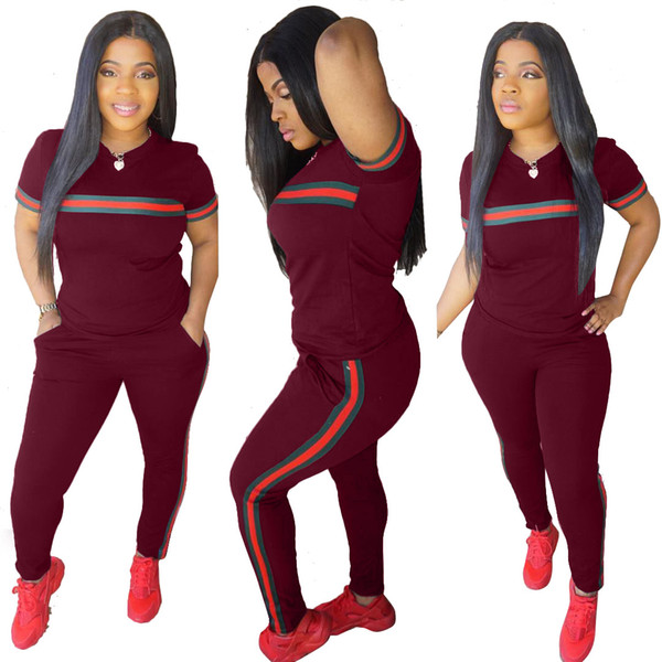 Womens Summer Tracksuits Patchwork Striped Design Suits 2 PCS Jogger Running Casual Slim Outfits Short Sleeve Long Pants Suits