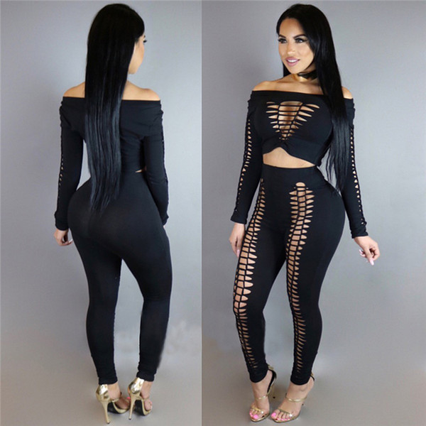 2017 Two Piece Set Womens Top And Pants Sexy Cut Out Long Sleeve Tracksuit Hollow Out Bodycon Elastic 2 Piece Outfits