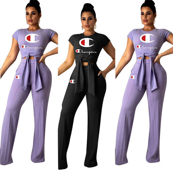 Champions Letter Brand Tracksuit Women Bow Tie T-Shirts Wide Leg Loose Pants 2 pieces Designer Outfits Sports Joggers Clothes Set A3137