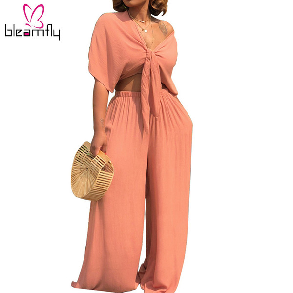 Plus Size Sexy Two Piece Set Women Outfits Bow Tie Tops+Wide Leg Pants Sexy Nightclub Women's Suit Casual Clothes Matching Sets