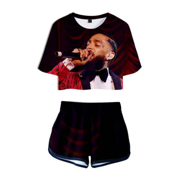 2019 Hot Sale Two Piece Set Nipsey Hussle 3D Print Women Fashion Summer Short Sleeve Crop Top+Short Pants Sets Hip Hop Street Suit