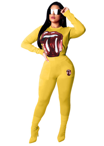 Women Fashion Eyes Printed Suits Big Tongue Designer Tracksuits 2pcs Clothing Sets Tshirts Pants