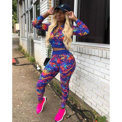 New women's sports two-piece long-sleeved fashion slim casual tops and tights suit women's sportswear printing 2 sets of sportswear