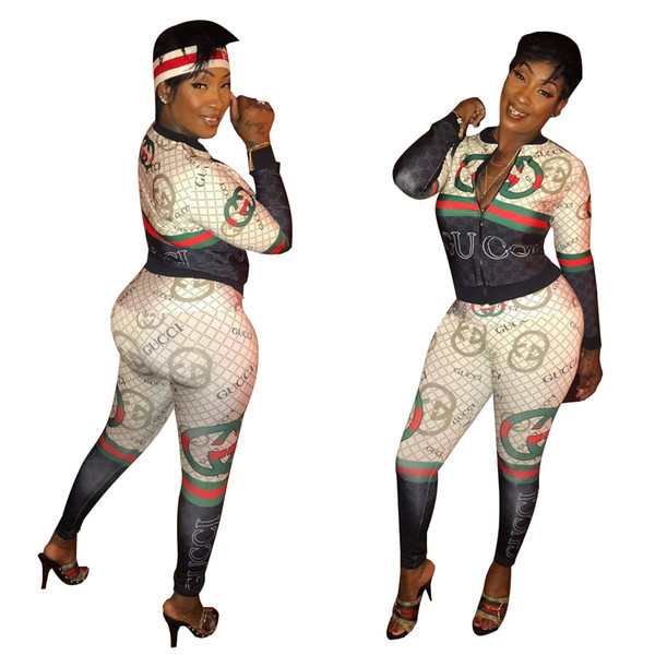 Sexy Women Sports Wear Two Piece Set Female Tops High Waist Long Pants 2 PCS geometric Printed Jumpsuits Outfit Tracksuit LY172688