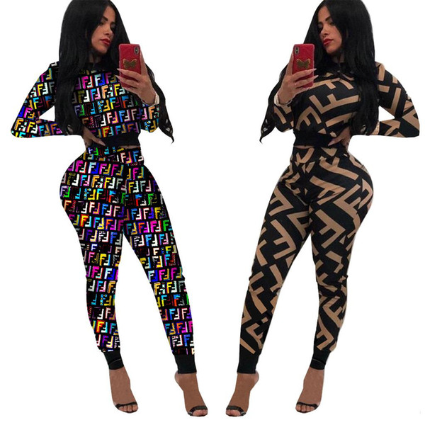 Women Printing Two Piece Set Night Club Wear Push Up Pant Short Crop Top Long Length Elastic Waist Trousers Female Set Full Sleeve