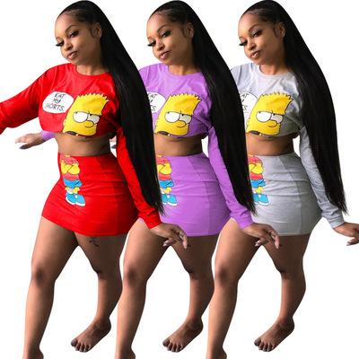 Women Casual Tracksuit Long Sleeve Crop Tops with Mini Skirt Dress Two Piece Set Carton Characters Printed Joggers Suit Outfits S-XL