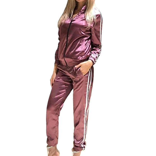 Autumn Spring 2018 Casual Tracksuit Women 2 Piece Set Top And Pants Satin Striped Patchwork Zipper Sexy Sweatshirt Sweat Suit