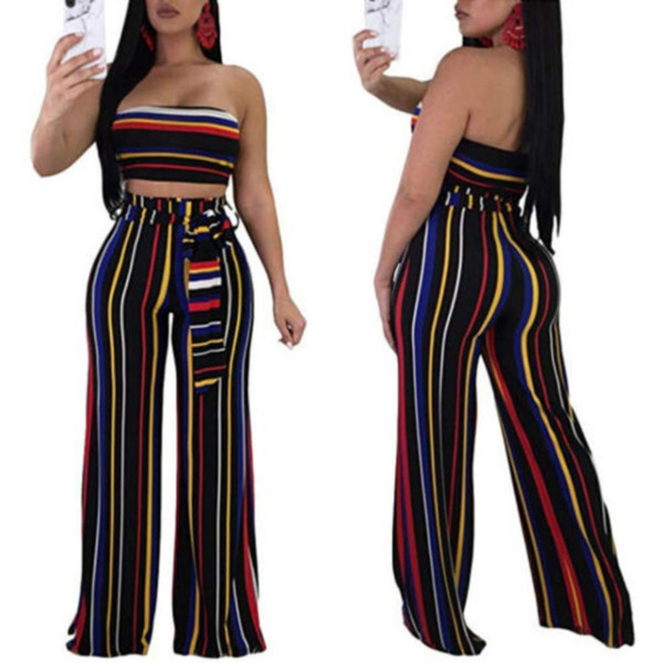 Women Clothes 2018 New Brand Women Sexy Off Shoulder Crop Top 2 Piece Striped Flare Pants Set Jumpsuit