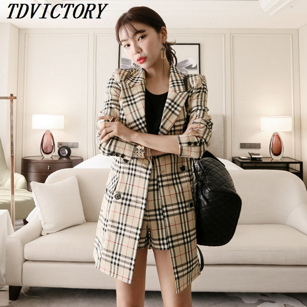 TDVICTORY Korean 2018 Autumn Formal Pant Suits Women OL Two Piece Set Double-breasted Slim Long Blazer Coat and Plaid Shorts Set