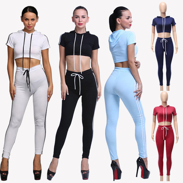 New Women Cotton Tracksuit Set Slim Fit Two-Piece Gym Yoga Clothes Tops Pants Fashion Short Sleeve Hooded Crop Hoodie Jogger Pants DZF0614