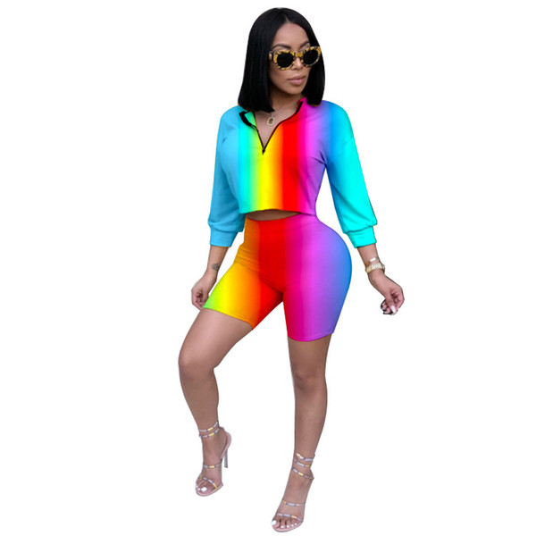 KGFIGU Women sets 2018 summer pullovers and shorts two pieces sets rainbow colorful tracksuits 2 pics matching outfits