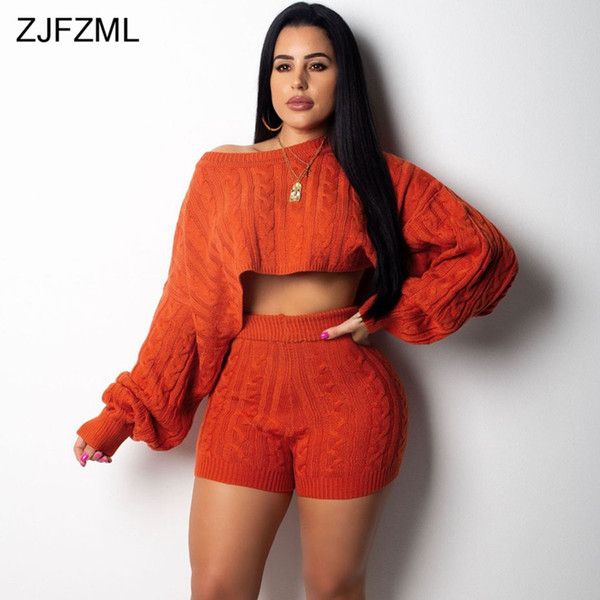 ZJFZML Autumn Winter 2 Two Piece Set Women Long Sleeve Knitted Sweater Crop Tops And Bodycon Shorts Casual Outfit Warm Tracksuit