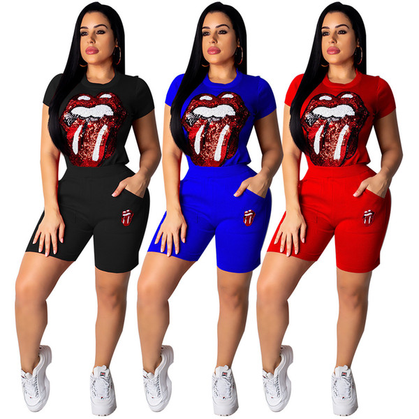 Summer Women Sequined Tracksuits Candy Color Tops Red Lip Designer Tshirts Shorts Slim Fit 2pcs Clothing Sets