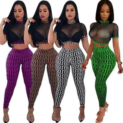 Women Mesh Tracksuit Sexy Two Piece Set Women Short Sleeve Top And Full Length Pants 2 Piece Set Fashipn Printed Party Outfits S-XXL