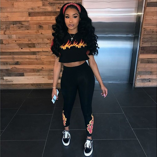 2 piece set women suit crop top legging flame print t shirt pants outfit female streetwear clothes two piece set WS017