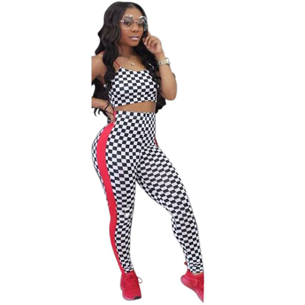 Adogirl 2018 Plaid Print Two Piece Set Summer Women's Set Tank Tops and Pants 2 Piece Street Punk Motorcycle Suit Outfits