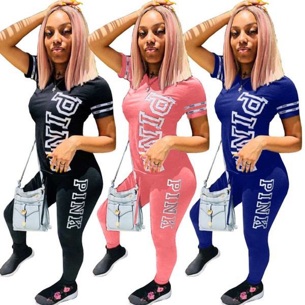 PINK Womens Two Piece Tracksuits sexy Set Fashion Sexy Jogging Sports short sleeves long pants Suits Women Sportswear Tight sport klw16