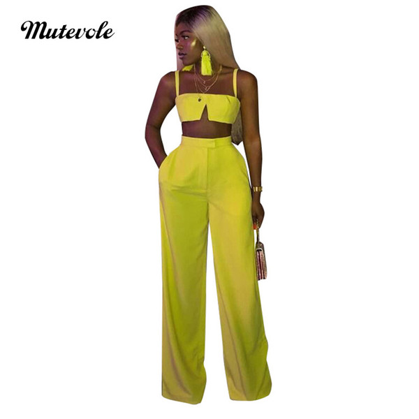 Mutevole Summer Casual 2 Piece Sets Womens Crop Top and Pants Outfits Two Piece Set Spaghetti Strap Tank Wide Leg Trousers Set