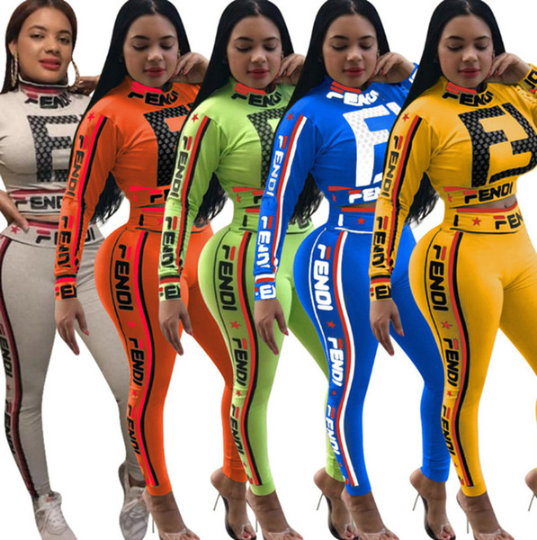 Women brand sport 2 piece set outfit jogger suit women sports set Striped Pullover High Neck shirt Hoodies bodycon leggings pants Print 34