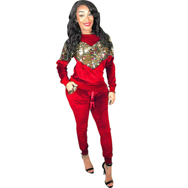 Autumn Winter Women Two Piece Set Velvet Sequin Tops and Pant Suit Casual Outfits 2 Piece Matching Sets Velour Tracksuit r-5