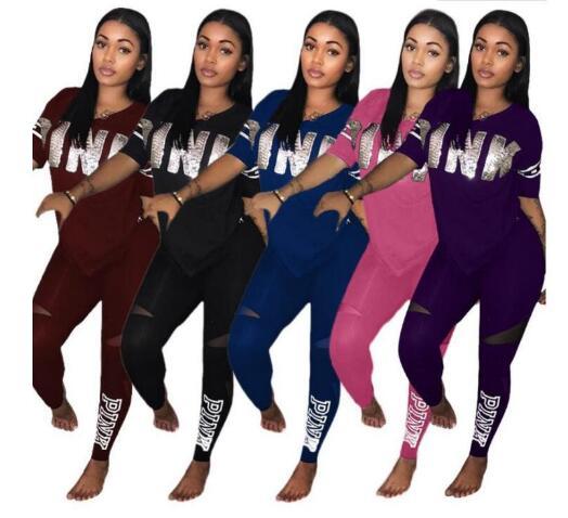 Love Pink Women Tracksuit Sequins V-Neck T Shirt Tops + Pants Trousers 2PCS Set PINK Letter Outfit Casual Tshirts Sportswear Clothes Suit