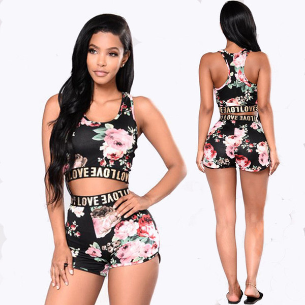 2018 Summer Womens Sexy 2 Pieces Floral Printed Crop Tank Tops Bodycon Shorts Party Clubwear Tracksuit Set FU027